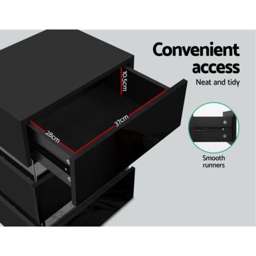 Artiss Bedside Table LED 3 Drawers - LUMI Black - Image 5