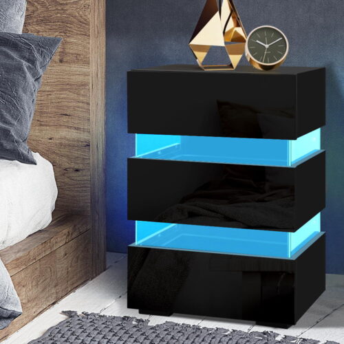 Artiss Bedside Table LED 3 Drawers - LUMI Black - Image 6