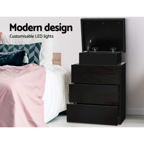 Artiss Bedside Table LED 3 Drawers - COLEY Black - Image 3
