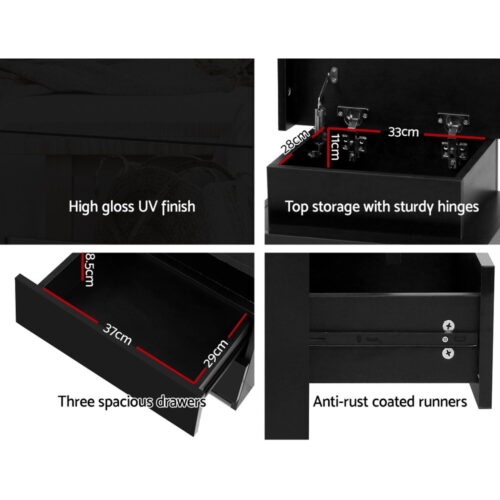 Artiss Bedside Table LED 3 Drawers - COLEY Black - Image 5