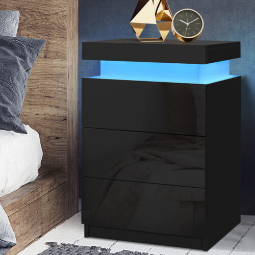 Artiss Bedside Table LED 3 Drawers - COLEY Black - Image 7