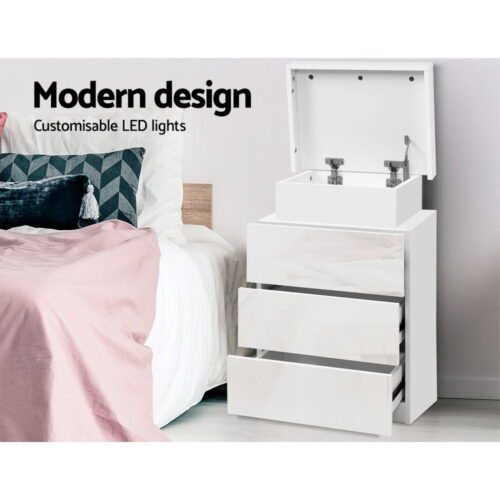 Artiss Bedside Table LED 3 Drawers - COLEY White - Image 3