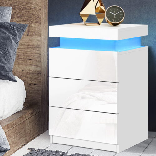 Artiss Bedside Table LED 3 Drawers - COLEY White - Image 6
