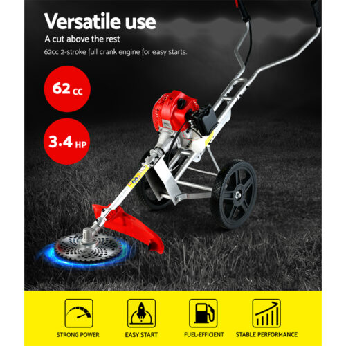 Giantz 62cc Petrol Brush Cutter Whipper Saw Trimmer 2 Stroke 3-in-1 Wheel - Image 5