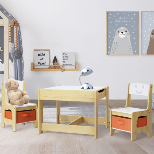 Keezi 3PCS Kids Table and Chairs Set Activity Desk Chalkboard Toys Storage Box - Image 8