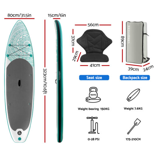 Weisshorn Stand Up Paddle Board 10.6ft Inflatable SUP Surfboard Paddleboard Kayak Surf Green - Image 3