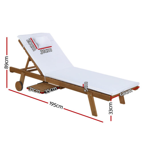Gardeon 2x Sun Lounge Wooden Lounger Outdoor Furniture Day Bed Wheel Patio White - Image 3