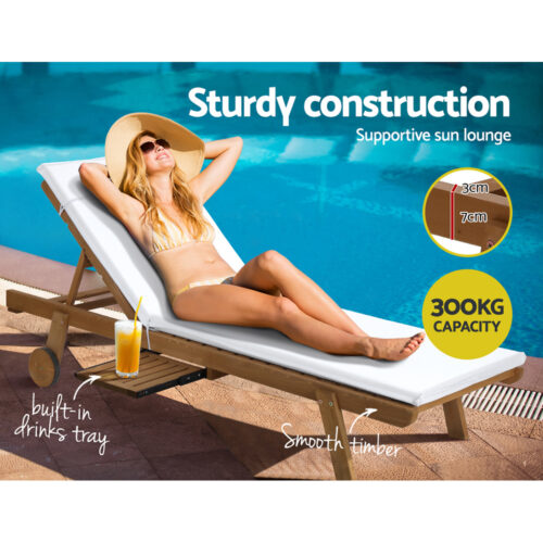 Gardeon Sun Lounge Wooden Lounger Outdoor Furniture Day Bed Wheels Patio White - Image 6