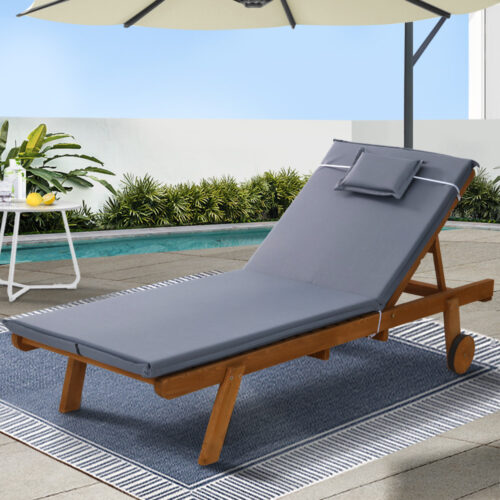Gardeon Sun Lounge Wooden Lounger Outdoor Furniture Day Bed Wheels Patio Grey - Image 9