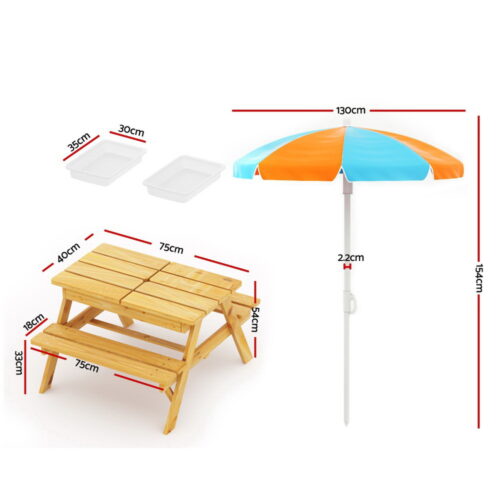 Keezi Kids Outdoor Table and Chairs Picnic Bench Umbrella Set Water Sand Pit Box - Image 3