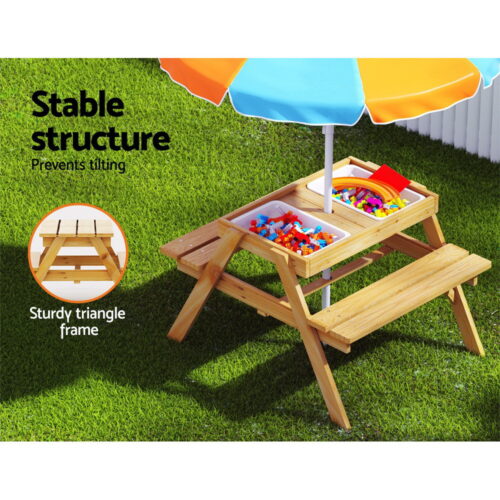 Keezi Kids Outdoor Table and Chairs Picnic Bench Umbrella Set Water Sand Pit Box - Image 6