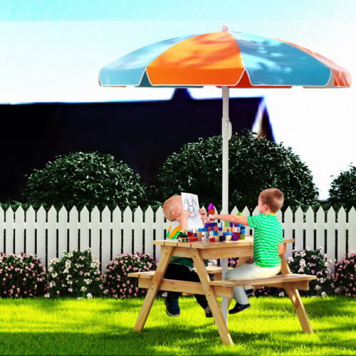 Keezi Kids Outdoor Table and Chairs Picnic Bench Umbrella Set Water Sand Pit Box - Image 9