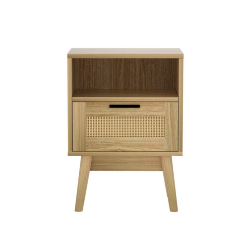 Artiss Rattan Bedside Table 1 Drawer with Shelf - REI Oak - Image 3