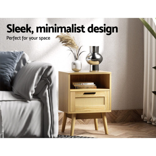 Artiss Rattan Bedside Table 1 Drawer with Shelf - REI Oak - Image 5