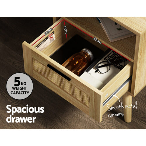 Artiss Rattan Bedside Table 1 Drawer with Shelf - REI Oak - Image 6