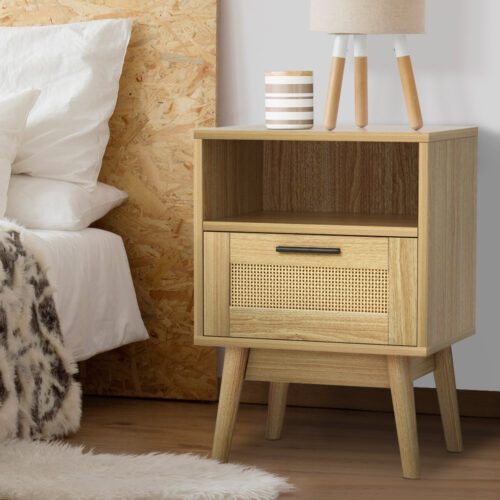 Artiss Rattan Bedside Table 1 Drawer with Shelf - REI Oak - Image 8