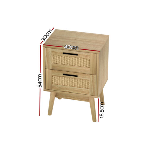 Artiss Rattan Bedside Table 2 Drawers Wood - RIE Oak - Image 2