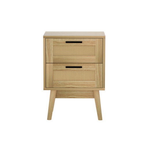 Artiss Rattan Bedside Table 2 Drawers Wood - RIE Oak - Image 3
