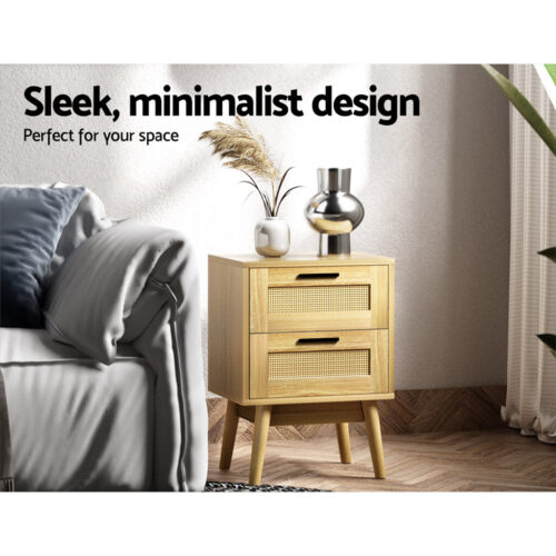 Artiss Rattan Bedside Table 2 Drawers Wood - RIE Oak - Image 5