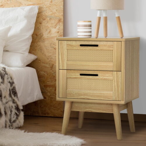 Artiss Rattan Bedside Table 2 Drawers Wood - RIE Oak - Image 8