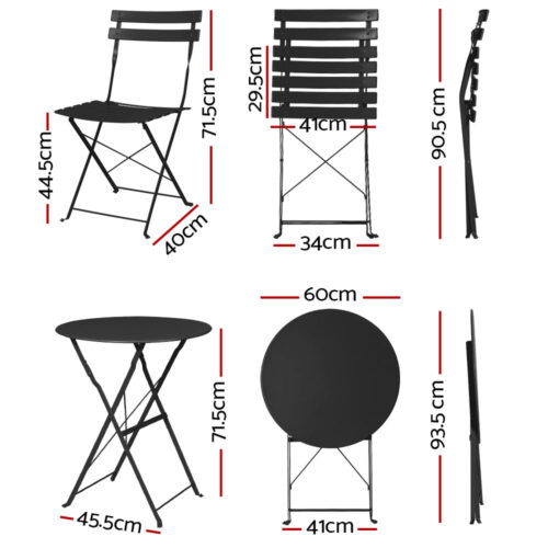 Gardeon 3PC Outdoor Bistro Set Steel Table and Chairs Patio Furniture Black - Image 3