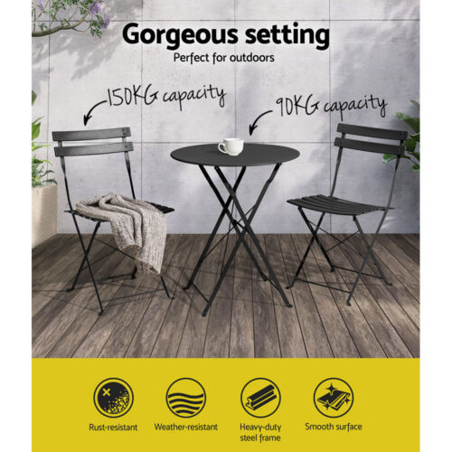 Gardeon 3PC Outdoor Bistro Set Steel Table and Chairs Patio Furniture Black - Image 6