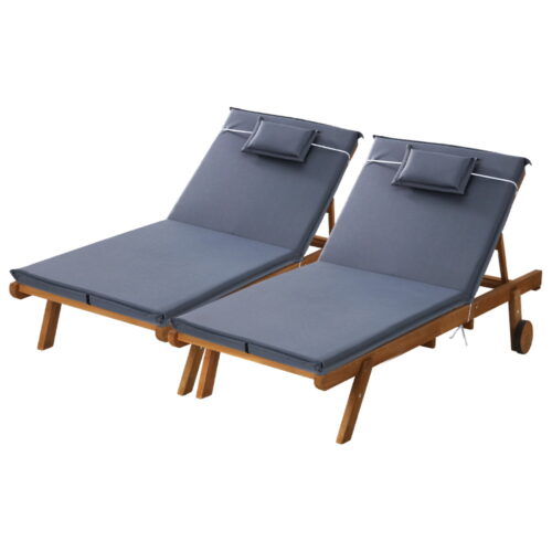 Gardeon 2x Sun Lounge Wooden Lounger Outdoor Furniture Day Bed Wheel Patio Grey - Image 2
