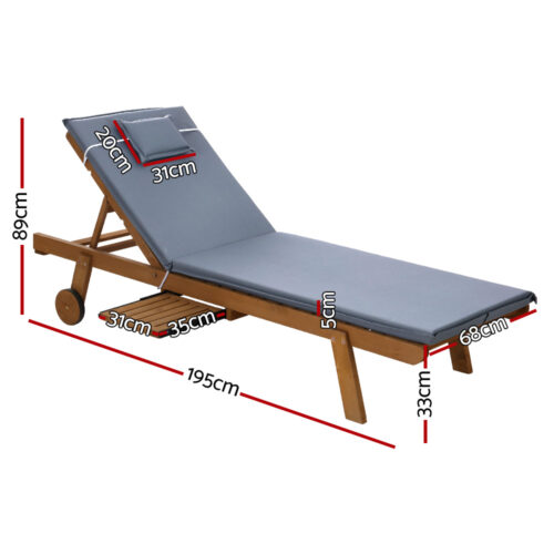 Gardeon 2x Sun Lounge Wooden Lounger Outdoor Furniture Day Bed Wheel Patio Grey - Image 3