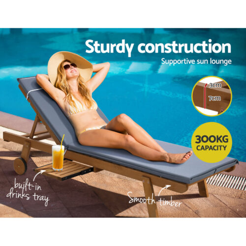 Gardeon 2x Sun Lounge Wooden Lounger Outdoor Furniture Day Bed Wheel Patio Grey - Image 6