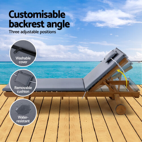 Gardeon 2x Sun Lounge Wooden Lounger Outdoor Furniture Day Bed Wheel Patio Grey - Image 7