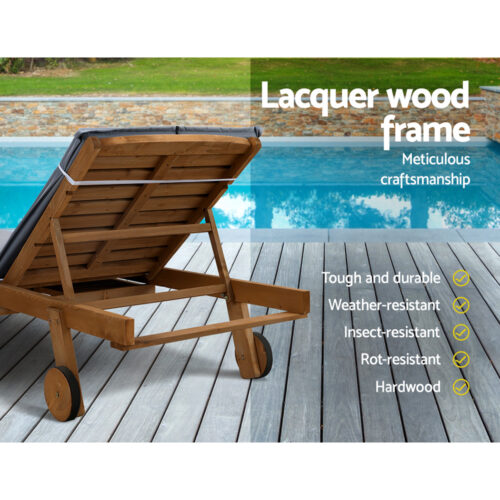 Gardeon 2x Sun Lounge Wooden Lounger Outdoor Furniture Day Bed Wheel Patio Grey - Image 8