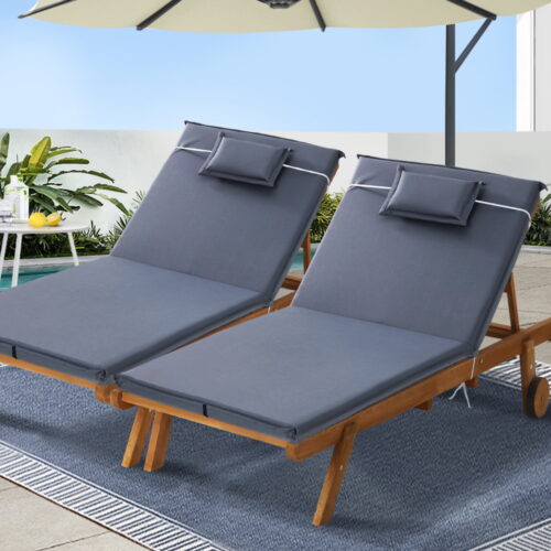 Gardeon 2x Sun Lounge Wooden Lounger Outdoor Furniture Day Bed Wheel Patio Grey - Image 9