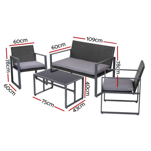 Gardeon 4 PCS Outdoor Sofa Set Rattan Furniture with Storage Cover Chairs Black - Image 2