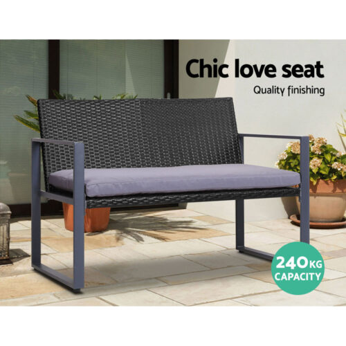 Gardeon 4 PCS Outdoor Sofa Set Rattan Furniture with Storage Cover Chairs Black - Image 4