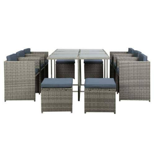 Gardeon Outdoor Dining Set 11 Piece Wicker Table Chairs Setting Grey - Image 3