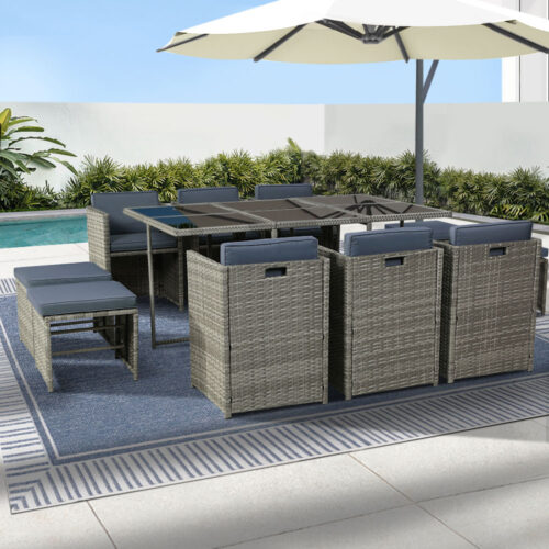 Gardeon Outdoor Dining Set 11 Piece Wicker Table Chairs Setting Grey - Image 7
