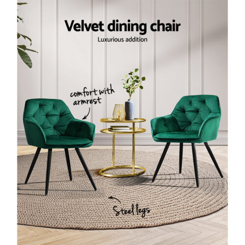 Artiss Dining Chairs Set of 2 Velvet Diamond Tufted Armchair Green - Image 4