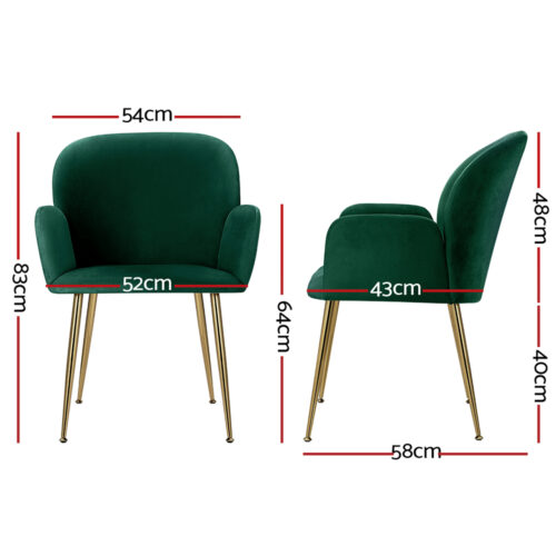 Artiss Dining Chairs Set of 2 Velvet Armchair Green - Image 2