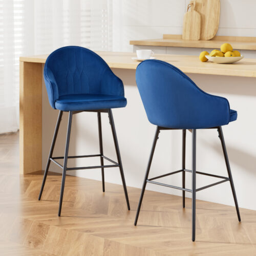 Artiss 2x Bar Stools Velvet Swivel Metal Legs Blue - Image 2