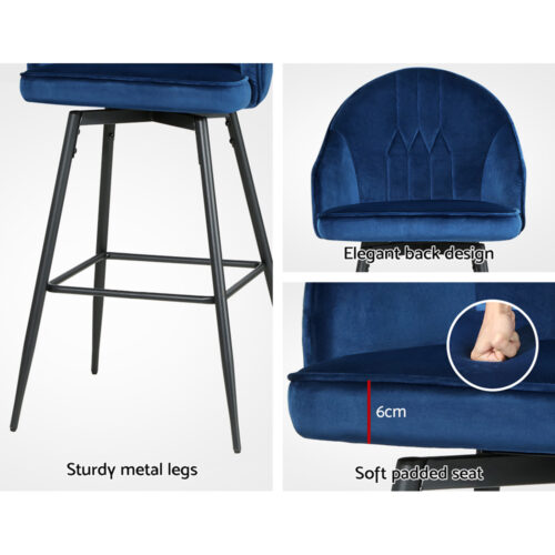 Artiss 2x Bar Stools Velvet Swivel Metal Legs Blue - Image 6