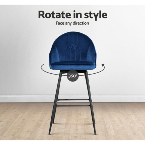 Artiss 2x Bar Stools Velvet Swivel Metal Legs Blue - Image 7