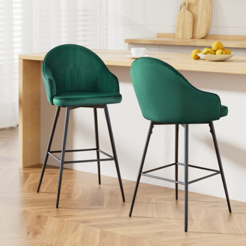 Artiss 2x Bar Stools Velvet Swivel Metal Legs Green - Image 2