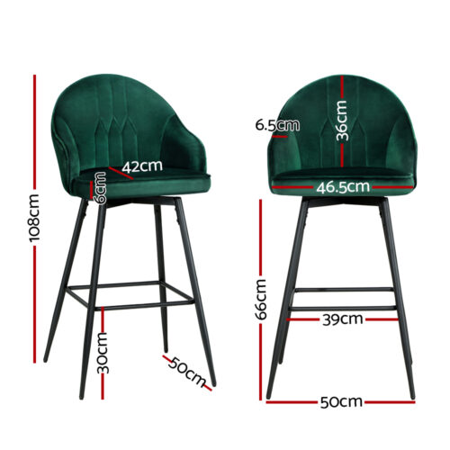Artiss 2x Bar Stools Velvet Swivel Metal Legs Green - Image 3