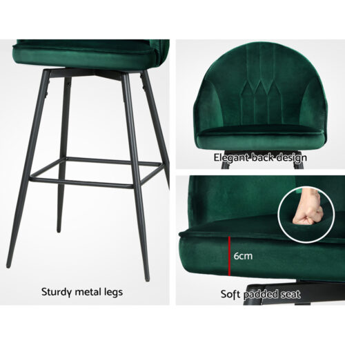 Artiss 2x Bar Stools Velvet Swivel Metal Legs Green - Image 6
