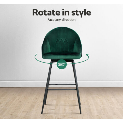 Artiss 2x Bar Stools Velvet Swivel Metal Legs Green - Image 7