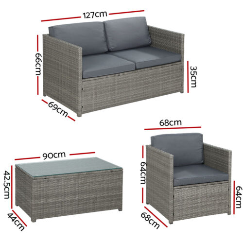 Gardeon 4-Piece Outdoor Sofa Set Wicker Couch Lounge Setting Grey - Image 3