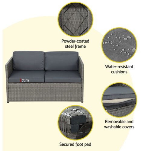Gardeon 4-Piece Outdoor Sofa Set Wicker Couch Lounge Setting Grey - Image 7