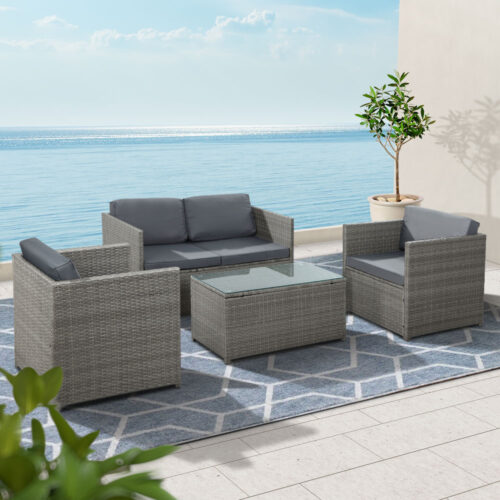 Gardeon 4-Piece Outdoor Sofa Set Wicker Couch Lounge Setting Grey - Image 9