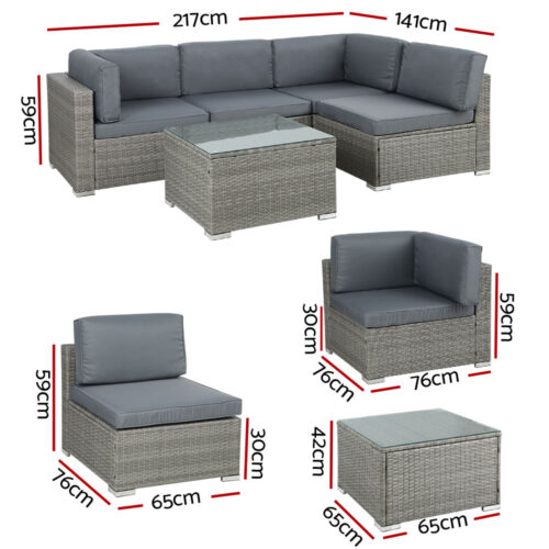 Gardeon 5-Piece Outdoor Sofa Set Wicker Couch Lounge Setting 4 Seater Grey - Image 3