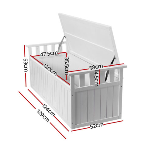 Gardeon Outdoor Storage Bench Box 129cm Wooden Garden Toy Chest Sheds Patio Furniture XL White - Image 3